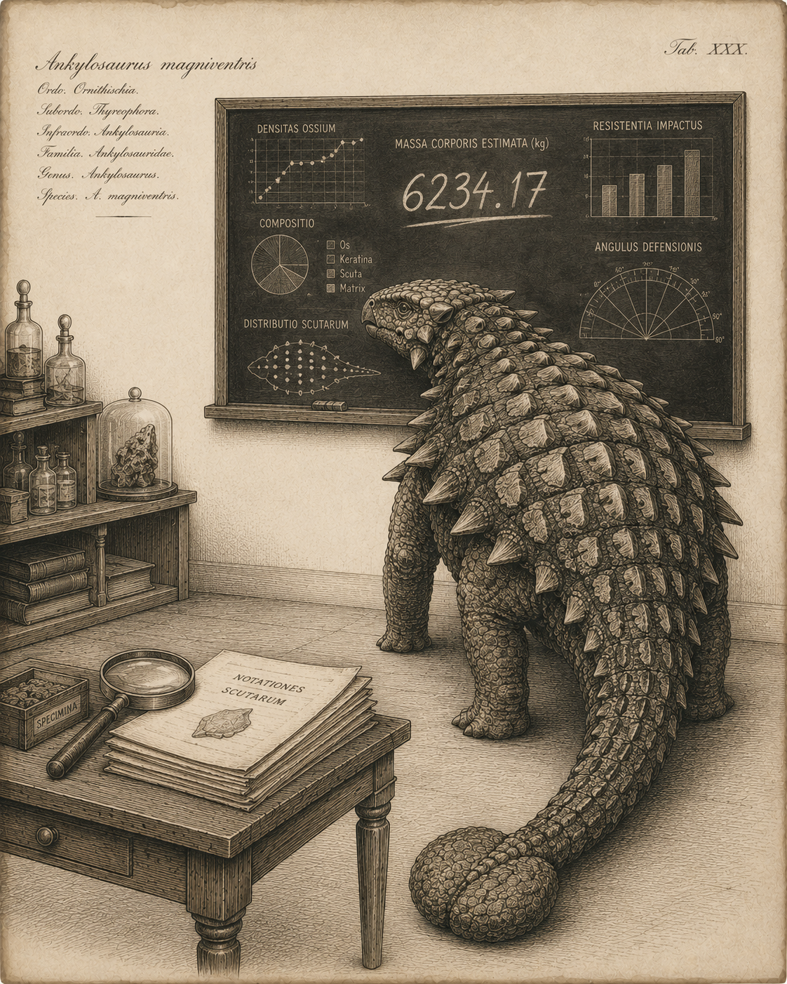 Naturkundliche Tafel eines Ankylosaurus vor einer Tafel mit Diagrammen und Massenschätzung, Kupferstich-Stil in Sepia.