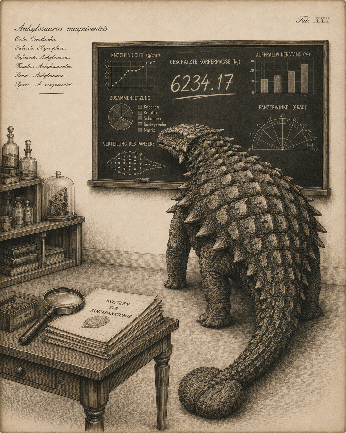Naturkundliche Tafel eines Ankylosaurus vor einer Tafel mit Messwerten und Diagrammen im Kupferstich-Stil.