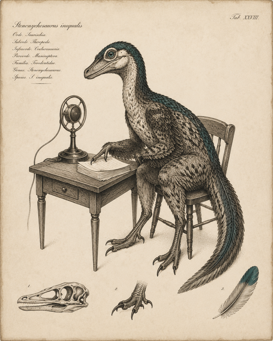 Naturkundliche Tafel des Moderators Stenonychosaurus inequalis am Schreibtisch mit Mikrofon im Kupferstich-Stil.