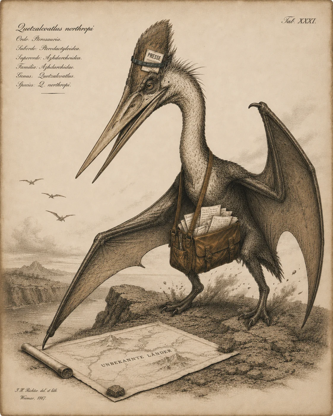 Sepiafarbene naturkundliche Illustration auf gealtertem Papier: Ein Quetzalcoatlus northropi steht mit ausgebreiteten Flügeln auf einem felsigen Ufer. Sein langer, spitzer Schnabel zeigt nach links; am hohen Kopfkamm steckt unter einem dunklen Band ein Presseausweis mit der Aufschrift „PRESSE“. Über dem Hals trägt der Flugsaurier eine braune Ledertasche, aus der zahlreiche beschriftete Notizzettel ragen. Eine Flügelspitze berührt die vor ihm ausgerollte Landkarte mit der Aufschrift „UNBEKANNTE LÄNDER“, die an den Ecken mit Steinen beschwert ist. Im Hintergrund liegen Wasser und Berge, darüber fliegen drei kleine Flugsaurier. Links oben stehen der wissenschaftliche Name und die lateinische Einordnung, rechts oben die Tafelnummer „Tab. XXXI.“. Feine Schraffuren und der dunkel gealterte Papierrand erinnern an einen historischen Kupferstich.
