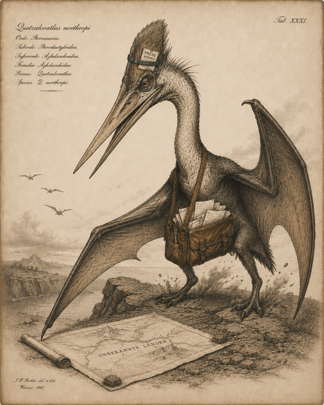 Naturkundliche Tafel eines Quetzalcoatlus mit Pressekärtchen und Ledertasche voller Notizen im Kupferstich-Stil.