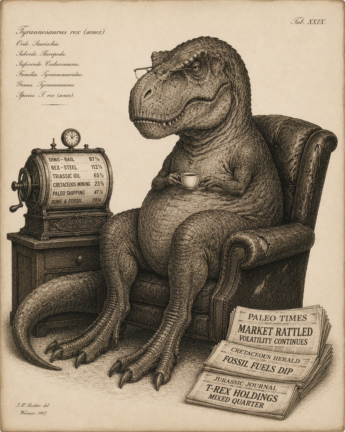 Naturkundliche Tafel eines alternden Tyrannosaurus rex im Ohrensessel mit Kursticker und Zeitungen, Kupferstich-Stil in Sepia.