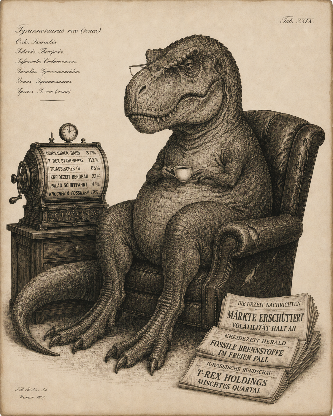 Naturkundliche Tafel eines älteren Tyrannosaurus rex mit Lesebrille im Ohrensessel, Börsenticker und Zeitungen im Kupferstich-Stil.